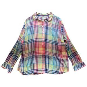 Talbots Womens 1/4 Button Shirt Blouse Long Sleeve Size 2X Multicolor Windowpane